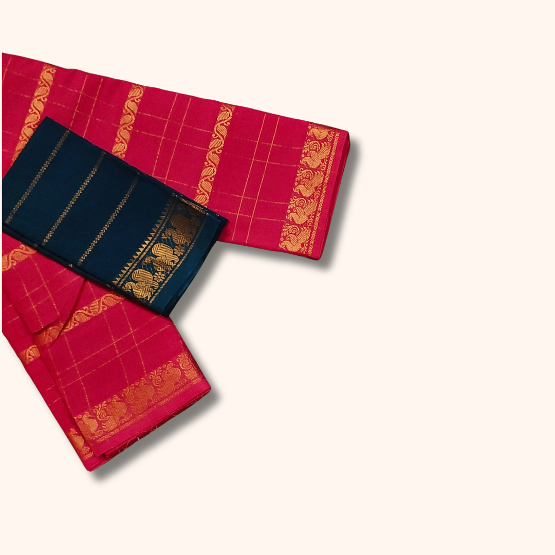 Pink Pure Sungudi Cotton Saree with Gold Zari Checks & Navy Blue Blouse Piece