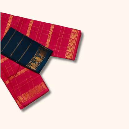 Pink Pure Sungudi Cotton Saree with Gold Zari Checks & Navy Blue Blouse Piece