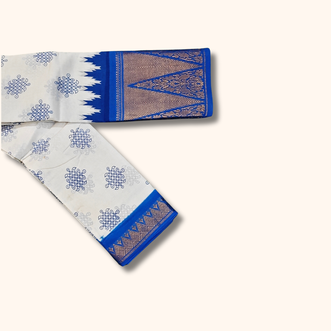 White Kolam Print Cotton Saree with Royal Blue Temple Border