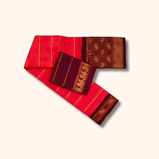 Coral Pink Sungudi Cotton Saree with Maroon Contrast Blouse
