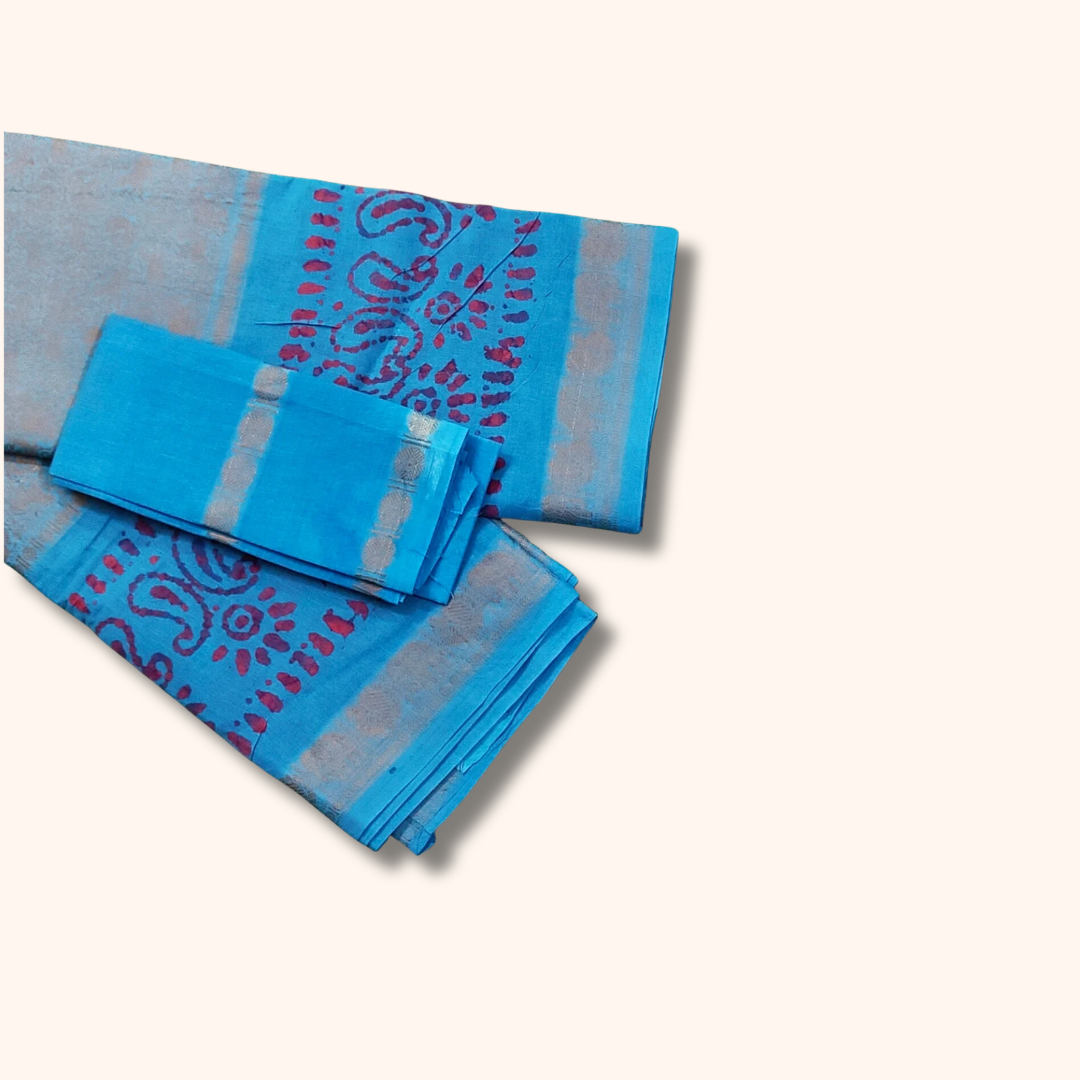 Sky Blue Batik Design Sungudi Cotton Saree with Traditional Zari Border & Separate Blouse Piece