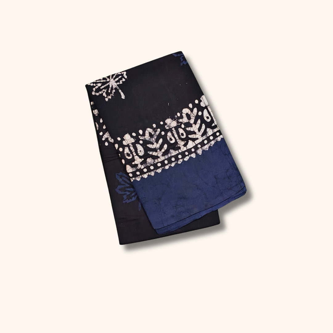 Black & Navy Blue Batik Printed Cotton Saree with Blouse Piece