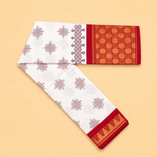 Coral Pink Printed Cotton Saree with Navy Blue Traditional Border