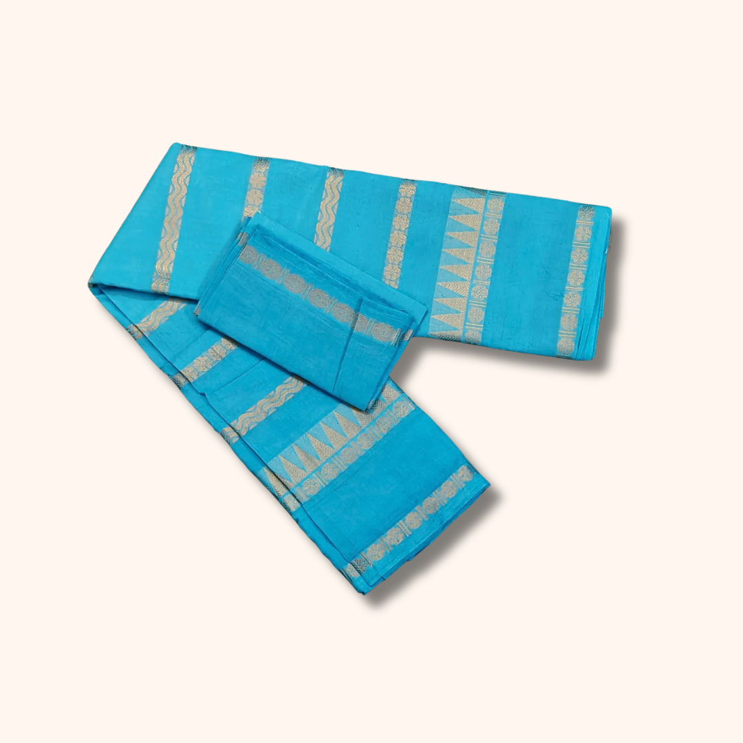 Turquoise Blue Cotton Saree with Gold Zari Stripes & Traditional Border – Separate Blouse
