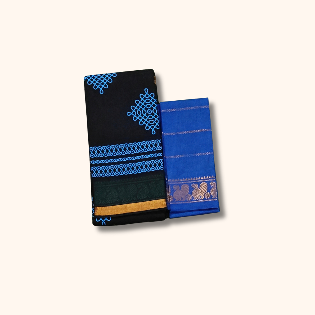 Black Cotton Saree with Blue Kolam Design & Gold Border