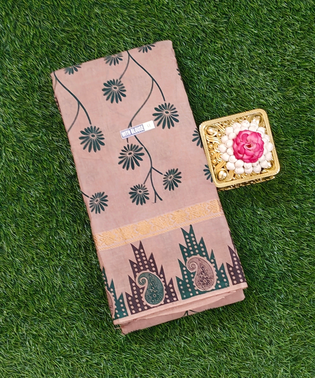 Beige Cotton Saree with Floral Vine Print & Contrast Border