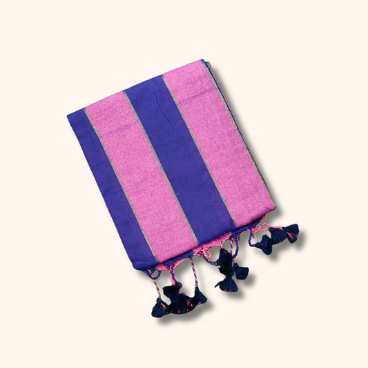 Mulmul Cotton Saree in Pink & Royal Blue Stripes with Running Blouse