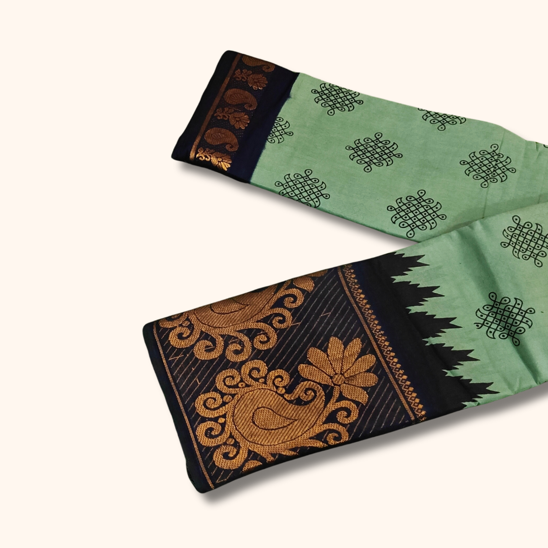 Sea Green Kolam Sungudi Cotton Saree with Black Zari Border
