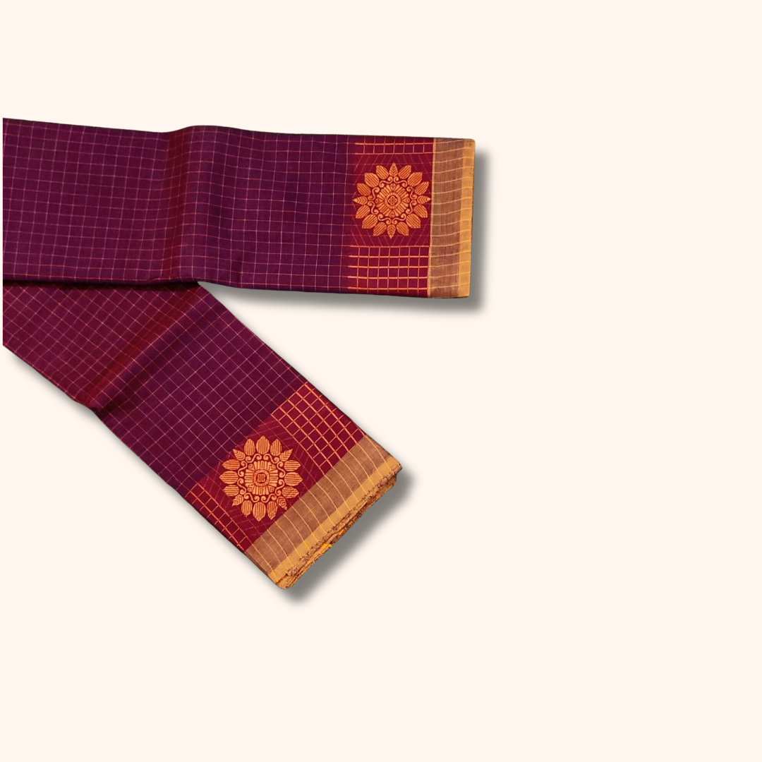 Wine Purple Checked Chettinad Cotton Saree with Gold Zari Border