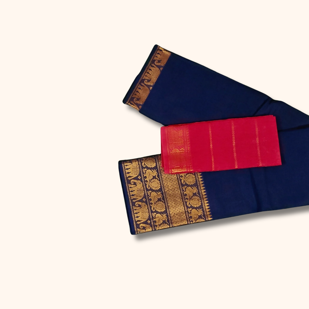 Navy Blue Pure Cotton Saree with Rani Pink Contrast Blouse