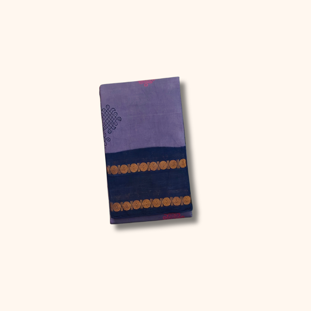 Lavender Purple Kolam Design Cotton Saree with Navy Blue Running Blouse