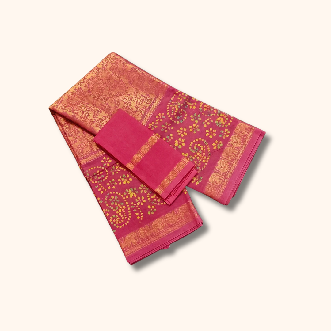 Rani Pink Vasigara Pattern Saree with Separate Blouse Piece