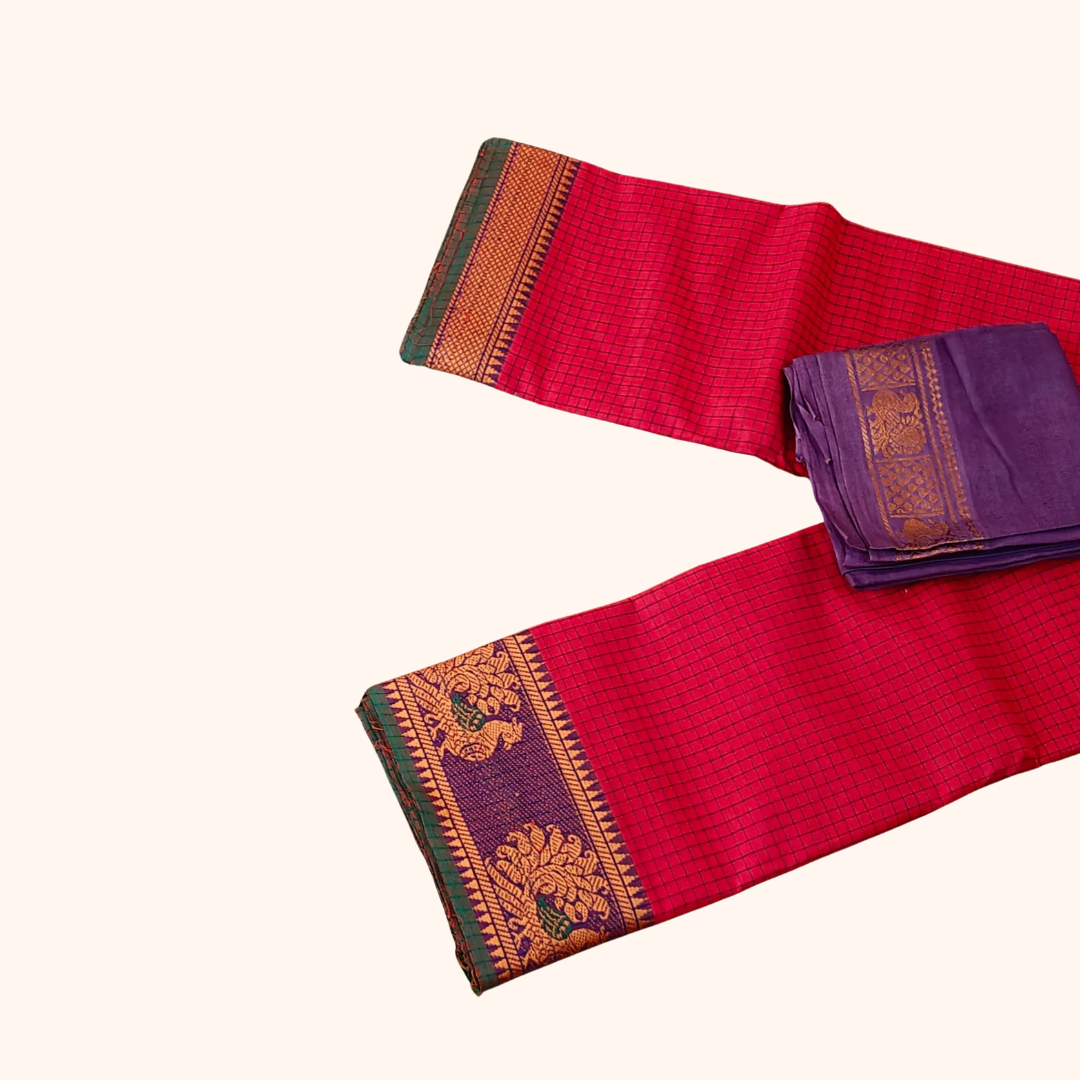 Red Checked Chettinad Cotton Saree Purple Blouse