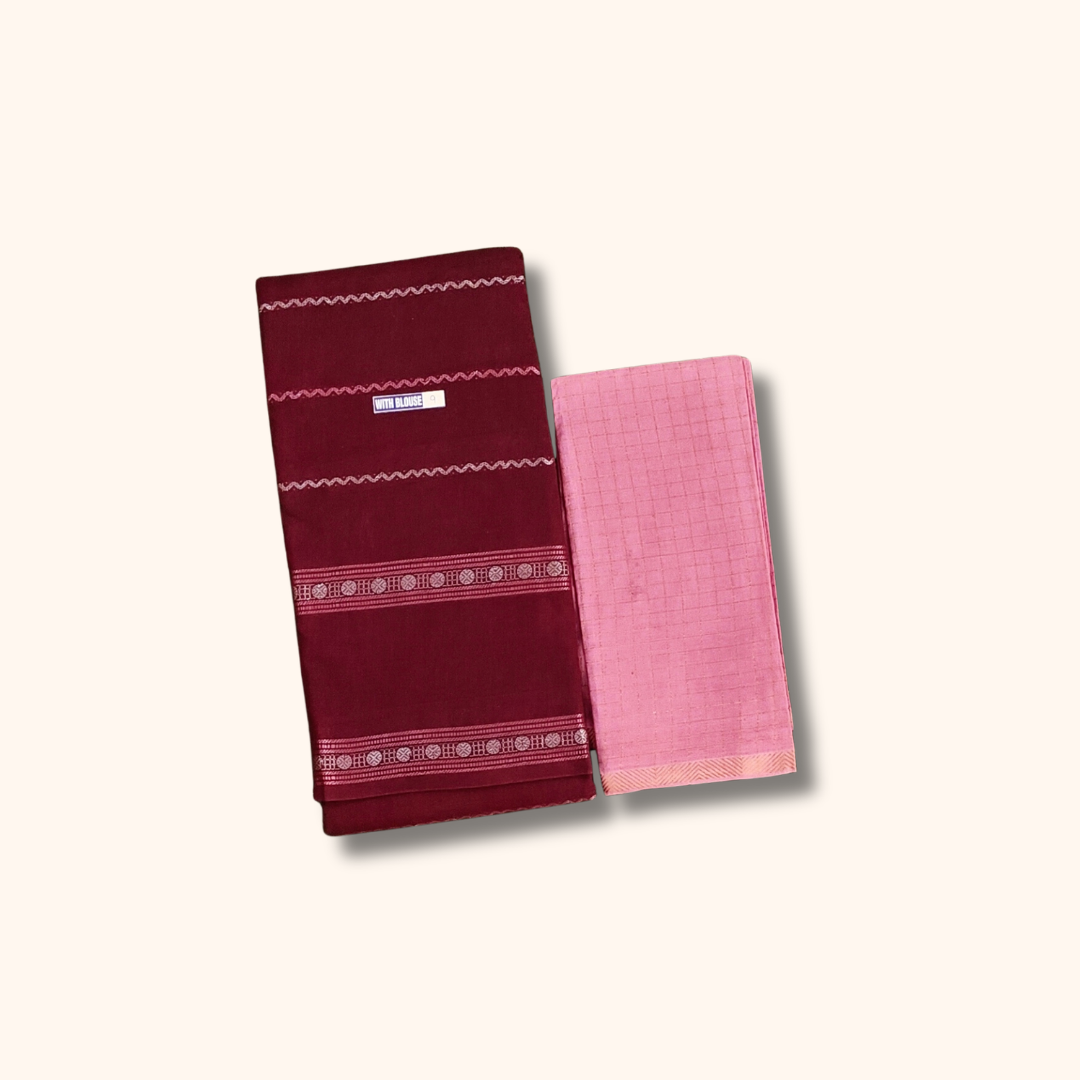 Maroon Sungudi Cotton Saree with Pink Contrast Blouse