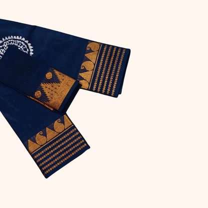 Royal Navy Blue Sungudi Cotton Saree with Traditional Gold Zari Border & Matching Blouse Piece