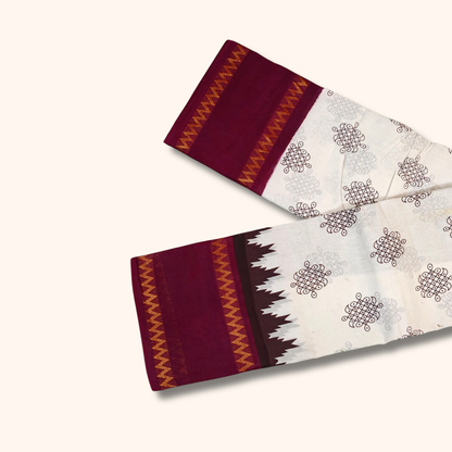 White Sungudi Cotton Saree with Maroon Zigzag Border – Running Blouse