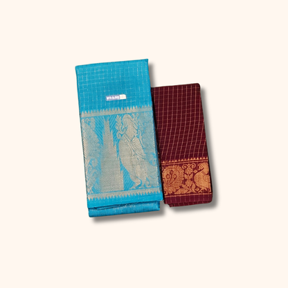 Sky Blue Thread Work Sungudi Cotton Saree with Maroon Peacock Zari Border