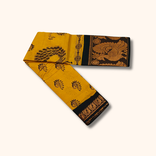 Mustard Yellow Sungudi Cotton Saree with Peacock Print and Black Zari Border