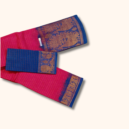 Pink & Royal Blue Checked Cotton Saree with Traditional Zari Border – Separate Blouse Piece