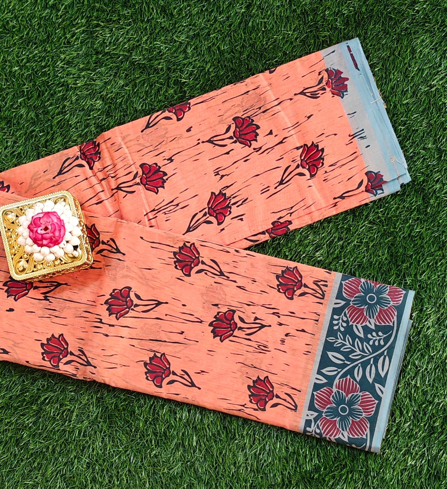 Rust Orange Shade South Indian Pure Cotton Floral Printed Saree