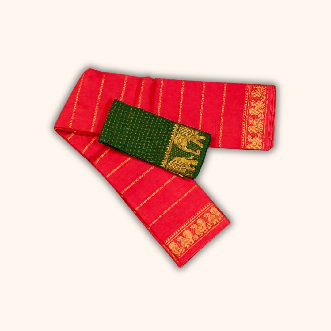 Red Sungudi Cotton Saree with Bottle Green Contrast Blouse & Elephant Zari Border