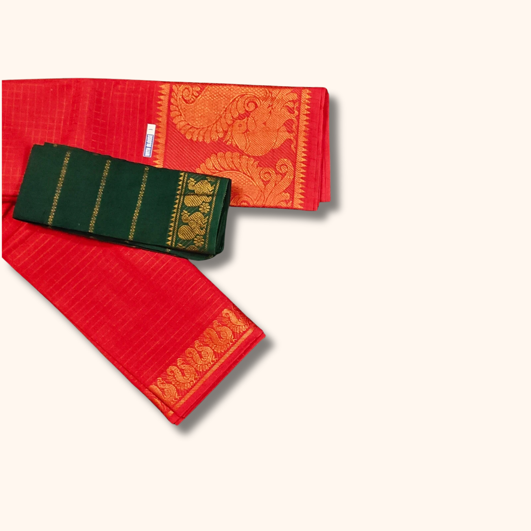 Red Checked Sungudi Cotton Saree with Peacock Zari Border