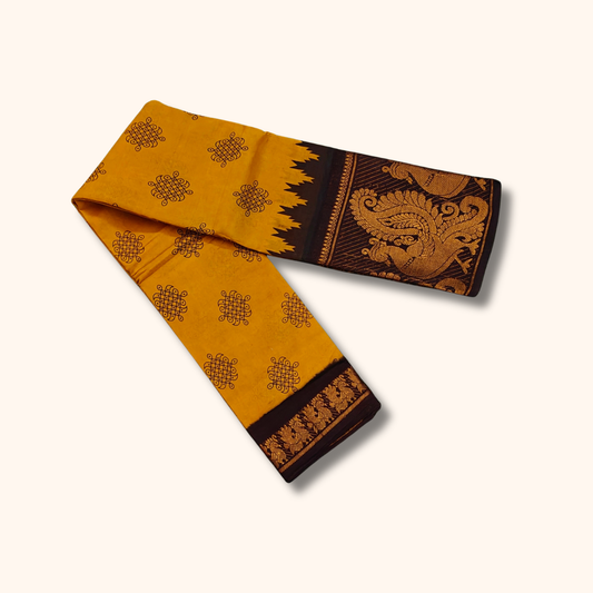 Mustard Yellow Sungudi Cotton Saree with Black and Gold Zari Peacock Border – No Blouse Included