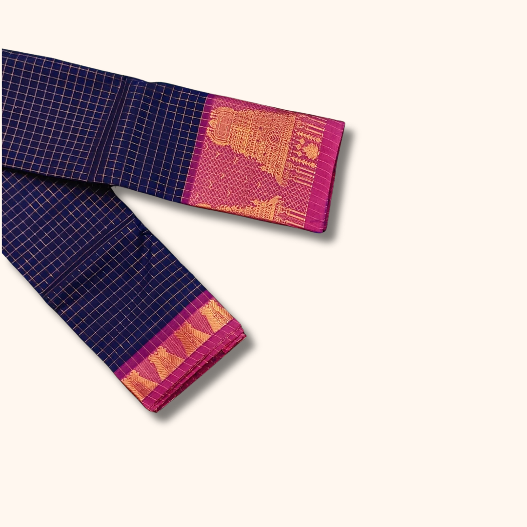 Navy Blue Chettinad Cotton Saree with Gopuram Border