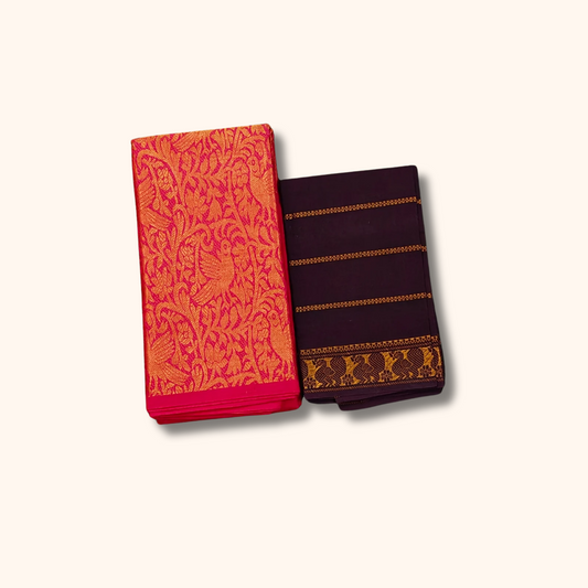Red Vasigara Pattern Sungudi Cotton Saree with Coffee Brown Blouse Piece