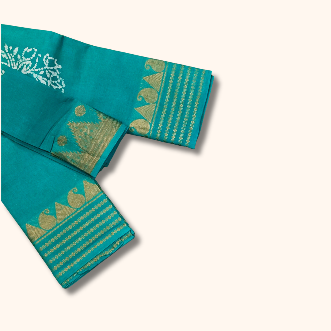Sky Blue Sungudi Cotton Saree with White Batik Floral Design & Silver Zari Border