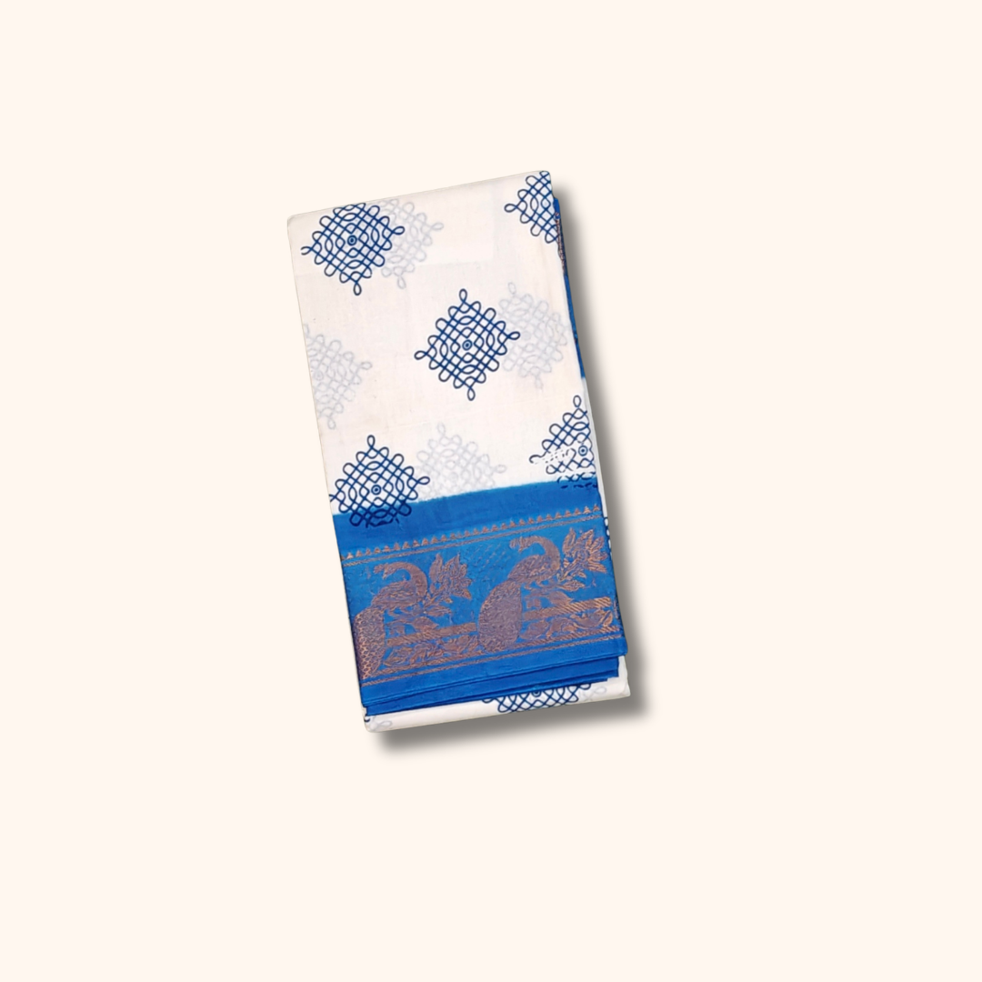 White Peacock Border Sungudi Cotton Saree with Royal Blue Border