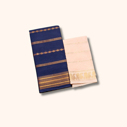 Royal Blue Sungudi Cotton Saree with Gold Woven Stripes & Contrast Cream Blouse Piece