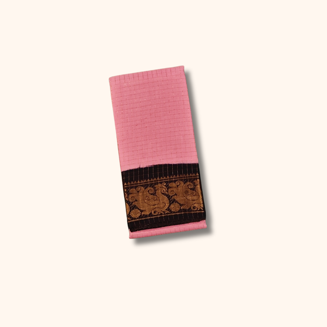 Pink Checked Sungudi Cotton Saree with Black Zari Border