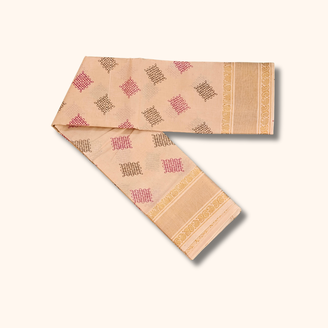 Cream Sungudi Cotton Saree with Kolam Print & Gold Zari Border
