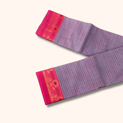 Reddish Grey Checked Thread Work Zari Chettinad Cotton Saree