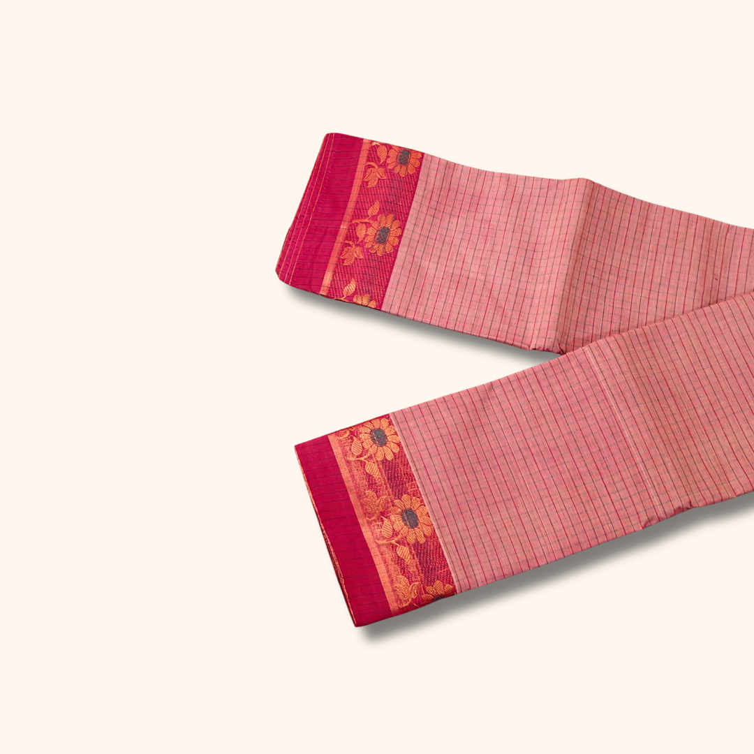 Pink Checked Thread Work Zari Chettinad Cotton Saree