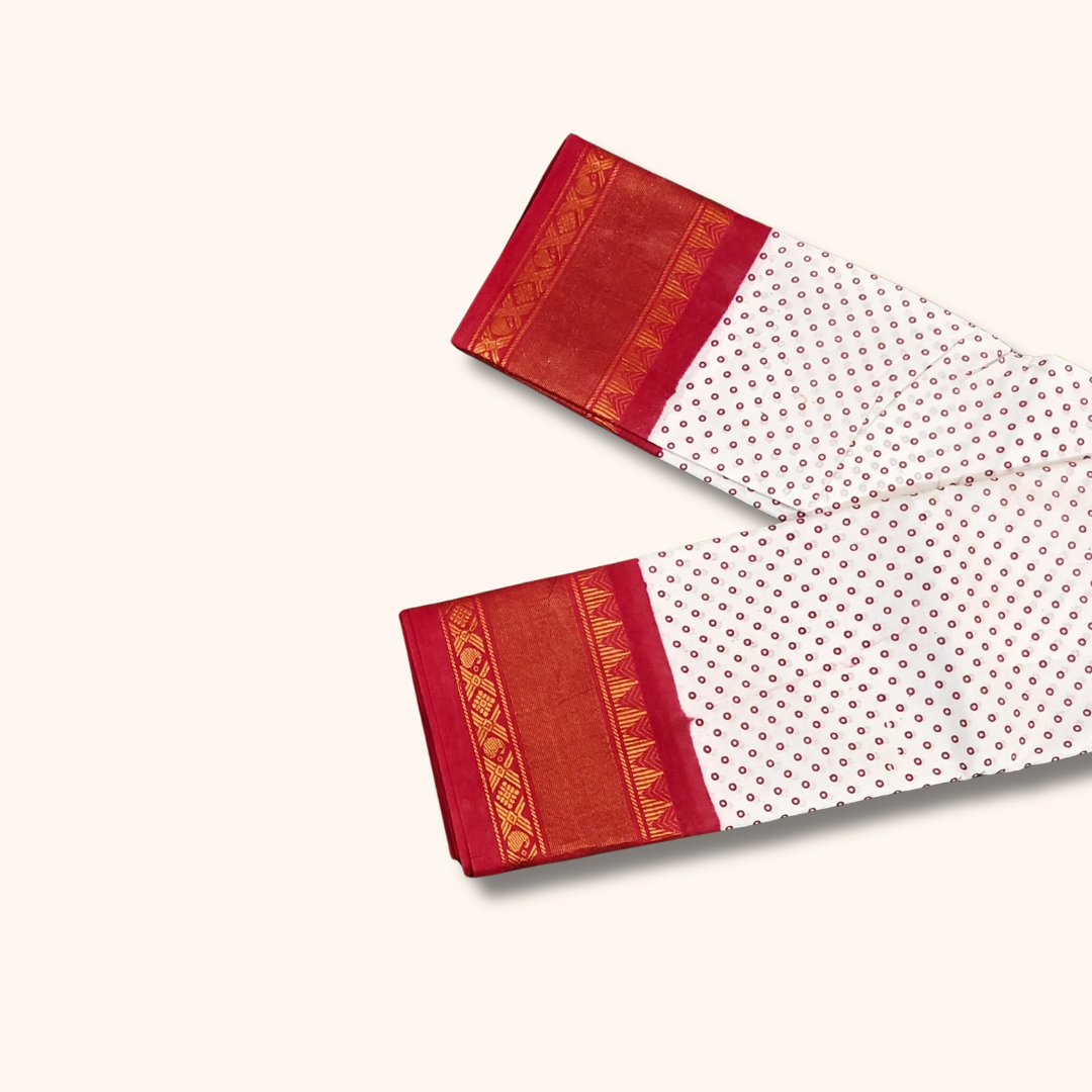 Off-White & Red Sungudi Cotton Saree with Small Dot Pattern & Zari Border