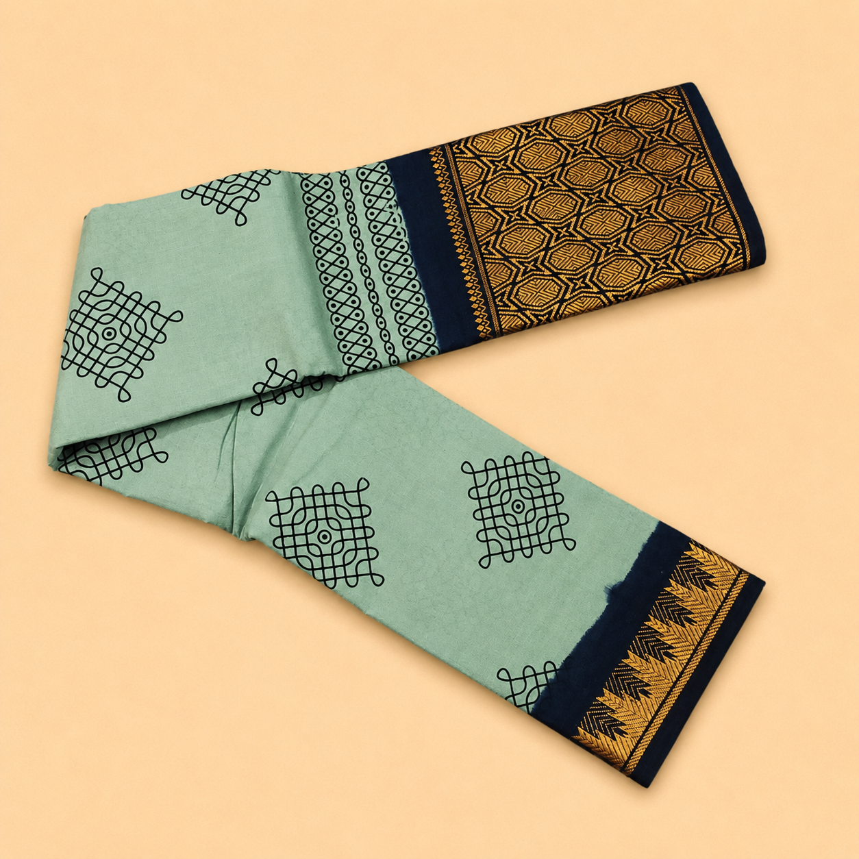 Mint Green Printed Cotton Saree with Navy Blue Designer Border