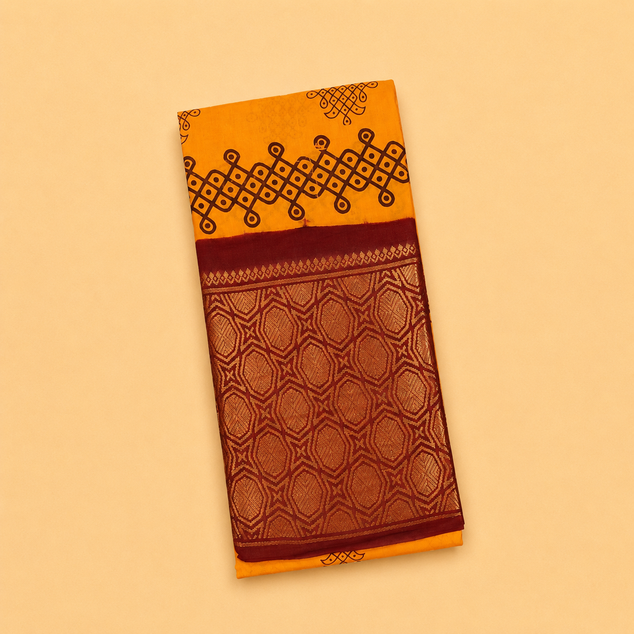 Mustard Yellow Printed Cotton Saree with Maroon Designer Border