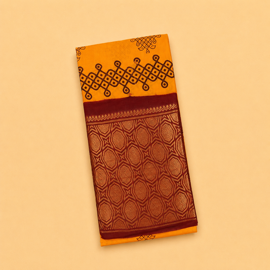 Mustard Yellow Printed Cotton Saree with Maroon Designer Border