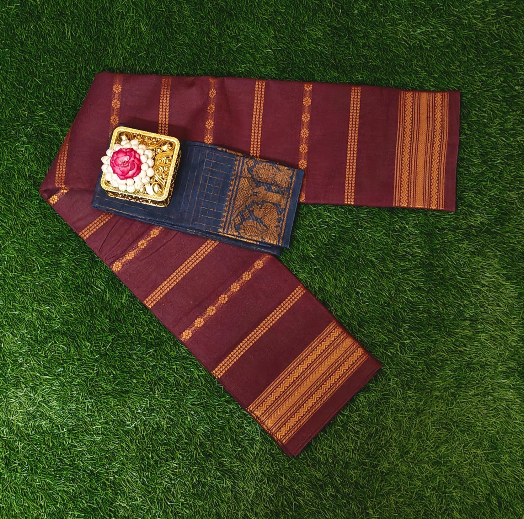 Beautiful Maroon Sungudi Cotton Saree with Contrast Blouse