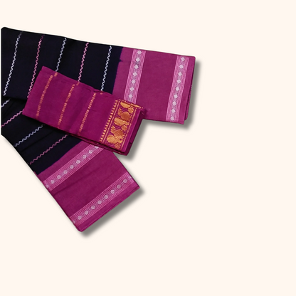 Black Sungudi Cotton Saree with Pink Border & Magenta Separate Blouse