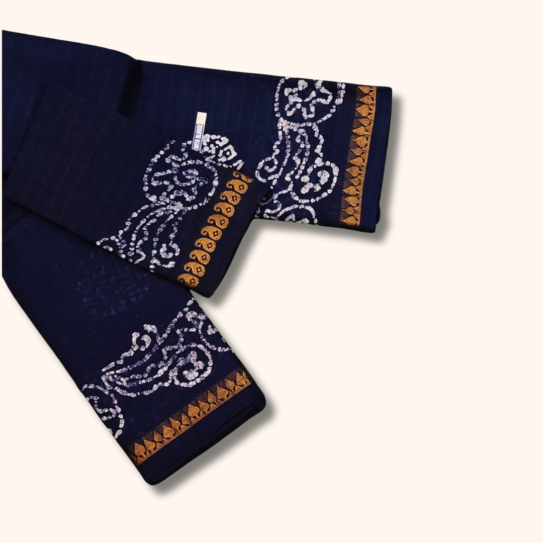Dark Ink Blue Sungudi Cotton Saree with White Batik Floral Border & Matching Blouse Piece