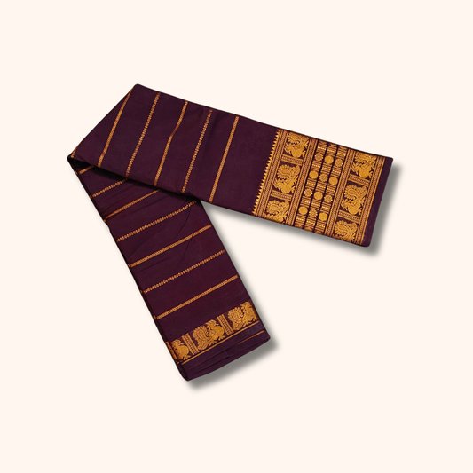 Coffee Brown Cotton Saree with Gold Traditional Border – Running Blouse