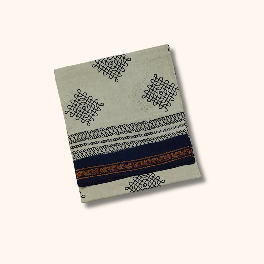 Off White Sungudi Cotton Saree with Navy Blue Border