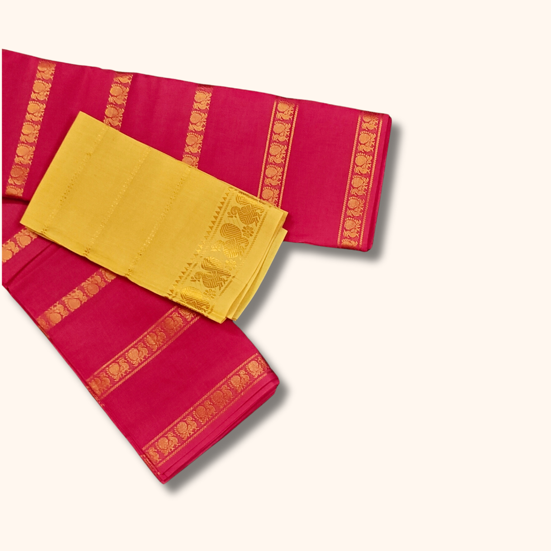 Rani Pink Cotton Saree with Gold Zari Stripe Border & Separate Blouse
