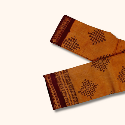 Brown Kolam Design Running Blouse Saree with Maroon Border