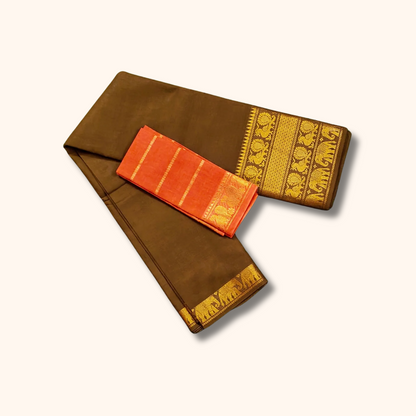 Chocolate Brown Pure Cotton Saree with Orange Contrast Blouse