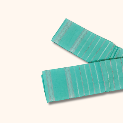 Mint Green Cotton Saree with White Stripe Design – Running Blouse
