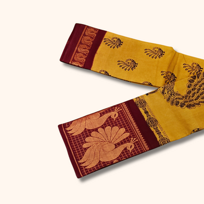 Mustard Yellow Peacock Border Sungudi Cotton Saree